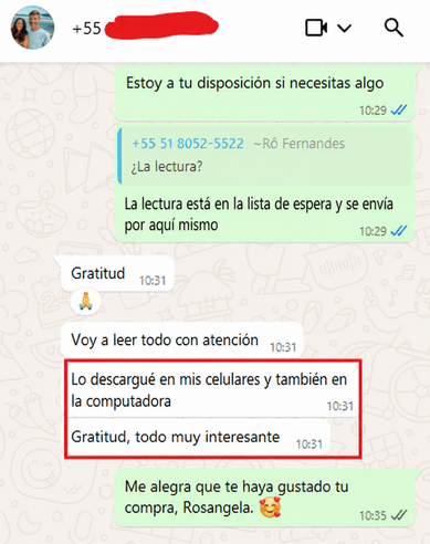 Testimonio de cliente en WhatsApp traducido al español