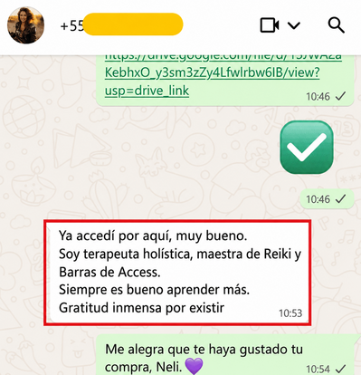 Testimonio de cliente en WhatsApp traducido al español